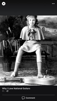 a woman sitting on top of a wooden bench next to a potted plant and another photo