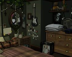 a bed room with a neatly made bed and lots of stuff on the wall next to it