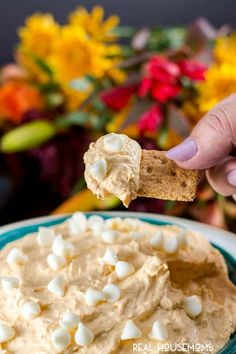 a cracker dipped with marshmallows over a bowl of humongous dip