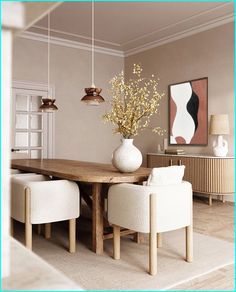 a dining room table with chairs and a vase filled with flowers on top of it