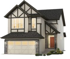 a two story house with white trim and black roof