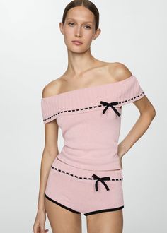 Off-shoulder top - Women | Mango USA Couleur Rose Pastel, Aesthetic Grunge Outfit, Rose Pastel, Knitted Tops, Dope Fashion, Tailored Design, Dolce E Gabbana, Total Look, Pink Outfits