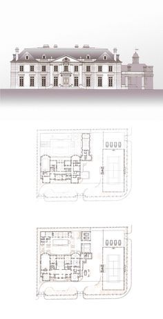 an architectural drawing shows the floor plan and elevation plans for a large house with two stories