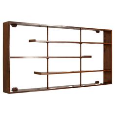 a wooden shelf with metal shelves on it