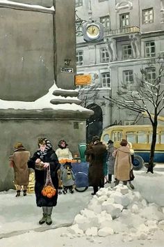 a painting of people walking in the snow on a city street with cars and buses