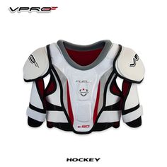 the back of a hockey goalie's shoulder and chest protector, with text on it