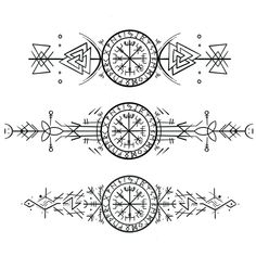 three different designs with arrows and compasss on the top one is drawn in black ink