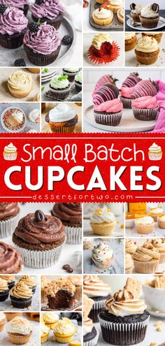 many different types of cupcakes are shown in this collage with the words, small batch cupcakes