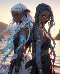 two women with white hair standing next to each other on the beach at sunset or sunrise