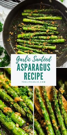 grilled asparagus in a pan with garlic and parmesan on the side