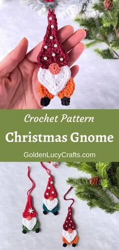 crochet christmas gnome ornament hanging from a tree with text overlay that reads, crochet pattern christmas gnome