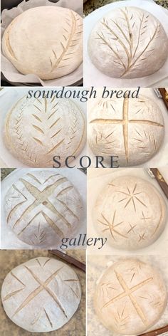 the steps to making bread are shown in four different stages, including dough and cross - stitching