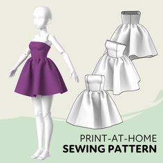 a paper doll wearing a purple dress and white shoes with the words print - at - home sewing pattern