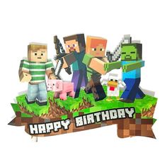 a group of people standing in front of a happy birthday sign with minecraft characters