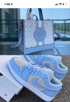 a blue and white purse sitting next to a pair of shoes