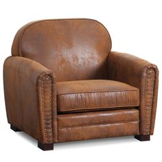 a brown leather chair with studding on the armrests and foot rests against a white background