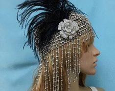 Unique flapper cloche stretches to fit any head.  Perfect for Flapper, Gatsby event.      Hat can be made in silver or gold.  Feather can be white or black. Flapper Hat Headpiece For Party, Flapper Party Hat Headpiece, Gatsby Style Party Headband Hat, Adjustable Gatsby Evening Headpiece, Adjustable Gatsby Style Costume Hats For Evening, Fitted Silver Headband, Adjustable Gatsby Style Evening Costume Hat, Silver Hat Headpiece For Party, Silver Adjustable Headpieces For Carnival