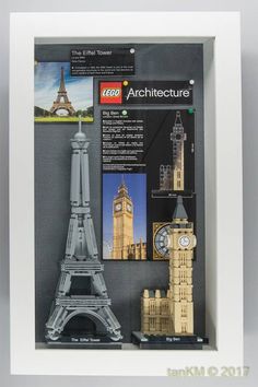 an architectural model of the eiffel tower is displayed in a white frame with information about it