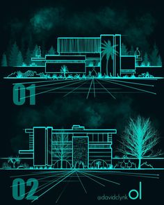 two blueprints showing the front and back sides of a building with trees on each side