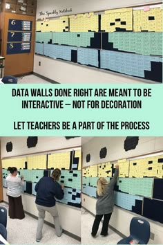 two people standing in front of a wall with sticky notes on it and the words data walls done right are meant to be interactive - not for decoration