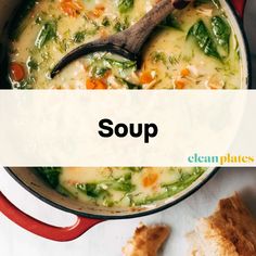 a pot filled with soup next to a piece of bread