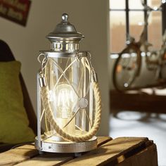 a light that is on top of a wooden table