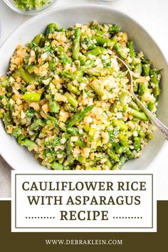 Big white bowl filled with cauliflower rice with asparagus. BRight green and a large spoon on the side. Rice And Asparagus Recipe, Best Cauliflower Rice, The Best Asparagus, Recipe With Asparagus, Best Asparagus, Cauliflower Rice Recipe, Best Asparagus Recipe, Vegan Keto Recipes, Asparagus Recipes