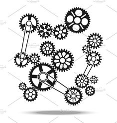 gears and wheels in the shape of a heart on a white background, black and white illustration