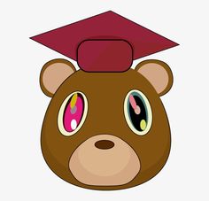 a brown bear wearing a red cap and gown with eyes that look like it is graduating