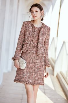 FashionByTeresa pink tweed dress with jacket Crew neckline Cap sleeves A-line silhouette Hem hits about at the knee. Back zip Polyester 83.8% Acrylic 7.6% Others 8.6% Polyester/spandex lining Dry clean Imported Tweed Dresses For Women, Tweet Dresses Chanel, Channel Tweed Outfit, One Piece With Jacket, Tweed Fashion Women, Dress With Suit Jacket, Tweed Dress Outfit Classy, Chanel Tweed Outfit, Mamamia Party