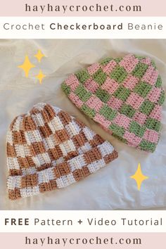 two crocheted hats on top of a bed with text overlay that says free pattern