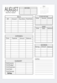 the printable budget sheet for august is shown in black and white, with an image of