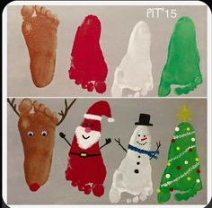 handprints of santa claus, snowman and reindeer with christmas trees on them