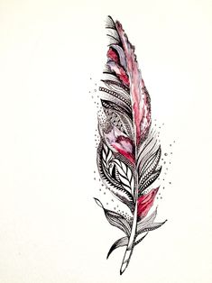 a drawing of a feather with dots on the feathers and leaves in red, black and white