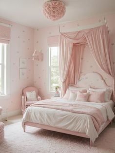 a bedroom decorated in pink and white with polka dots on the walls, curtains, and bedding