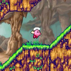 an old - school computer game with a pink pig in the middle of some rocks