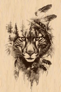 a drawing of a tiger with feathers on it's head