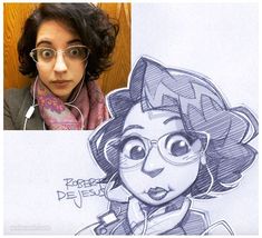 a woman wearing glasses and a scarf next to a drawing of a girl with big eyes