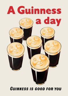 an advertisement for guinness beer with five glasses filled with liquid and smiling faces on them