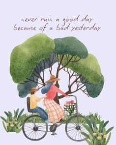 two people on a bicycle with trees and flowers