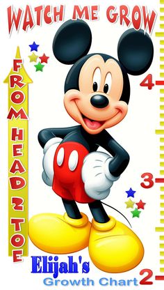 a mickey mouse growth chart with the words watch me grow and an image of a cartoon character