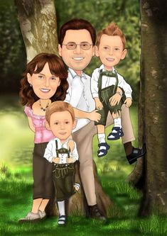 the family is posing for a photo in front of a tree and grass area with trees