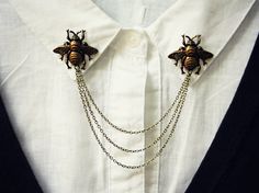 bee lapel pins // Bumble Bee Jewelry, Collar Brooch, Sweater Clips, Creative Shirts, Bee Pin, Chain Collar, Sweater Clip, Collar Chain, Bee Jewelry