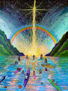 a painting of people on surfboards in the water under a rainbow - filled sky