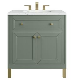 a bathroom vanity with two gold handles on the top and a white sink below it