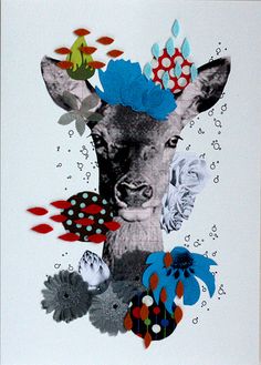 a deer with flowers and butterflies on it's head is featured in this collage