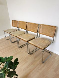 Selling as a set of 4 dining Cesca chairs. Natural wood with cane backrest and fabric seat on a chrome tubular base.  The classy Cesca Chair was designed in 1928 by Marcel Breuer. In that time it was the first such tubular-steel frame caned seat type of chair that was mass-produced. One of the original ones from that time sits in MoMA. It is known as one of the most important chairs of the 20th century. Condition: Chairs are in vintage condition. Chrome has some rusty marks and the fabric might Marcel Breuer Chair, Cesca Chair, Cane Chair, Marcel Breuer, Mesh Chair, Mid Century Dining Chairs, Mid Century Dining, Tubular Steel, Fabric Seat