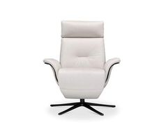 a white leather recliner chair with black legs and footrests, on a white background