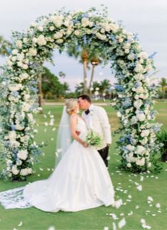 Dusty Blue Wedding Flower Arch, Garden Wedding Dusty Blue, Wedding Decorations White And Blue, Blue Flower Arch Wedding, Aliexpress Wedding Finds, Blue And White Wedding Arch Flowers, Weddings On The Water, Blue And White Arch Wedding, Light Blue Hydrangea Wedding