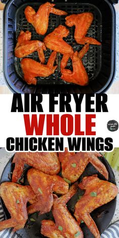 air fryer whole chicken wings in a pan with the words, air fryer whole chicken